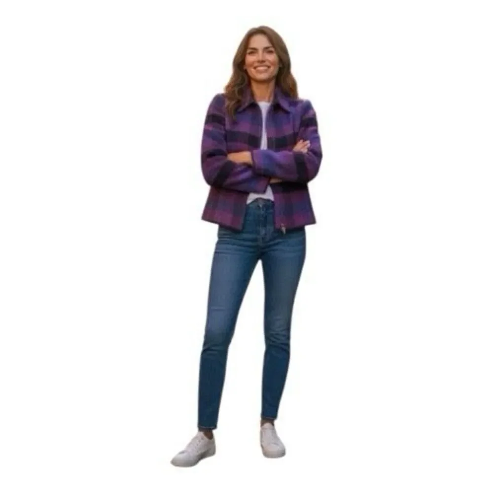 Dressbarn  Vintage Women Purple Plaid Retro Jacket Blazer Size 12 Wool Blend